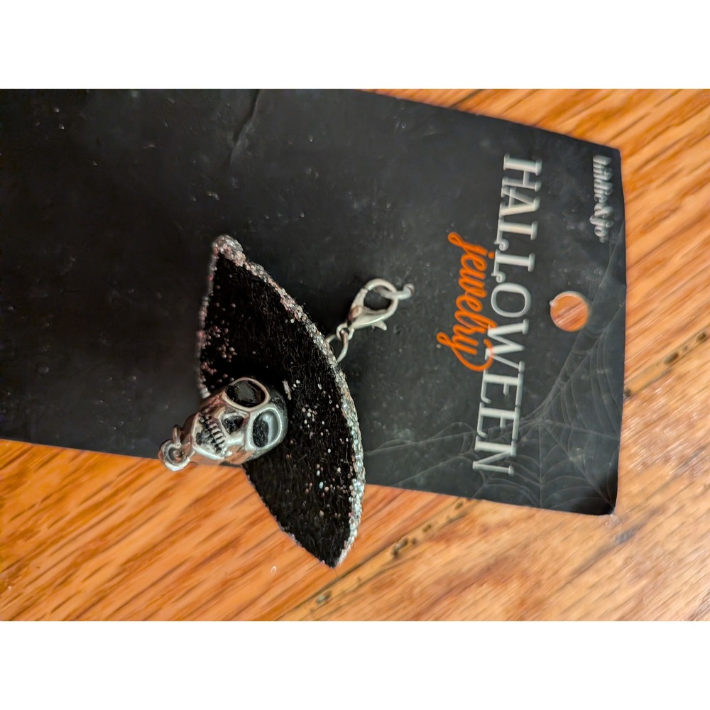 Billie & Jo Halloween Skull Sombrero Charm Silver Black Glitter Jewelry NWT